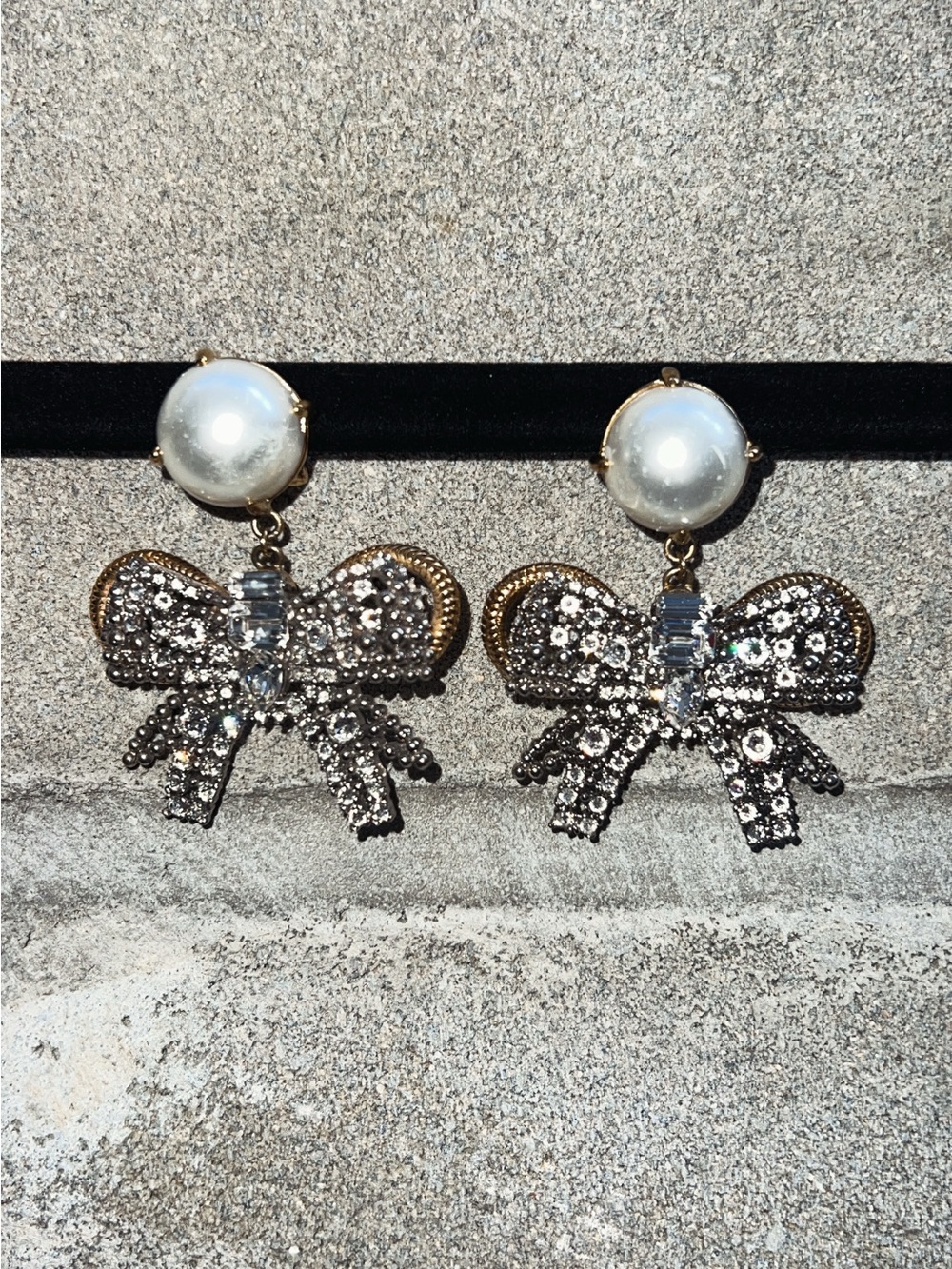 MIU MIU Pearl Bow Crystal Drop Earrings - Gold Tone